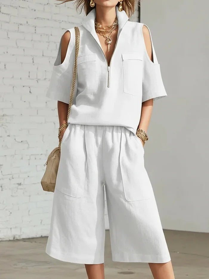 Cold Shoulder Zip Two-Piece Linen Set