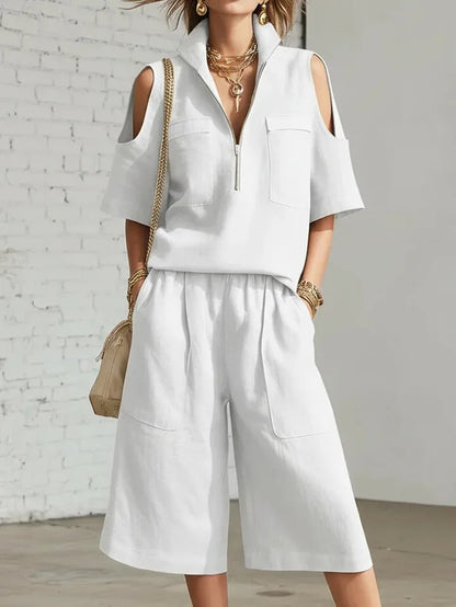 Cold Shoulder Zip Two-Piece Linen Set
