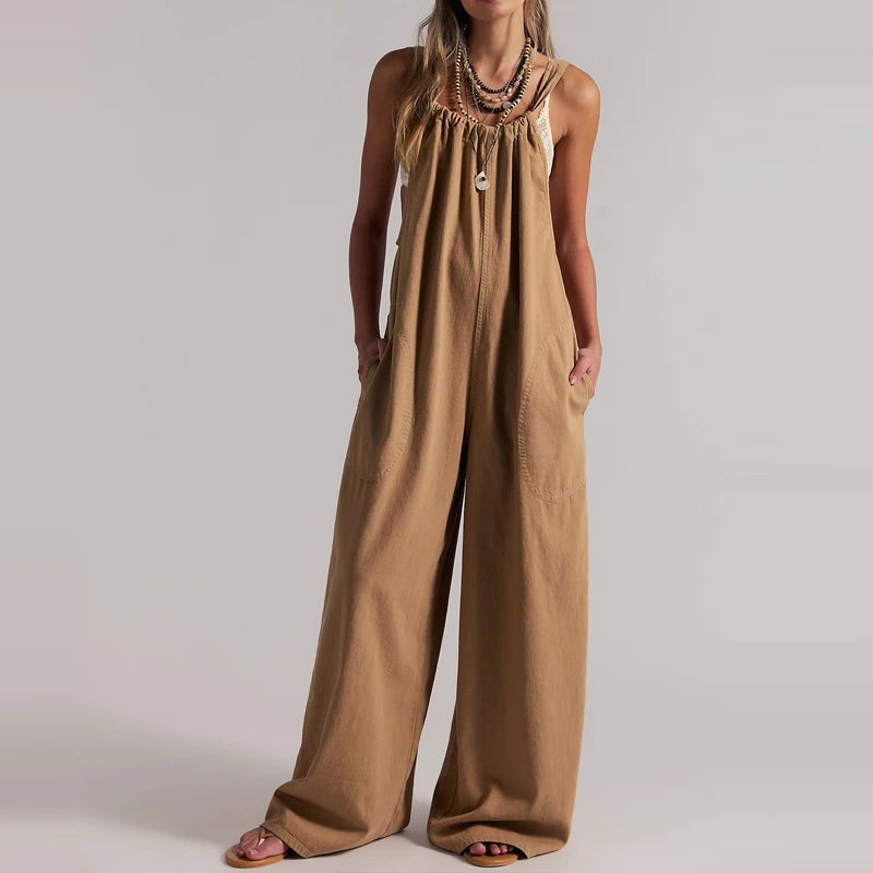 Wide-Leg Denim Overall Jumpsuit