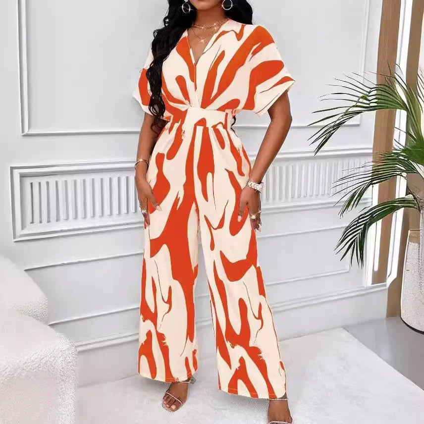 Elegant Printed Batwing Sleeve Jumpsuit
