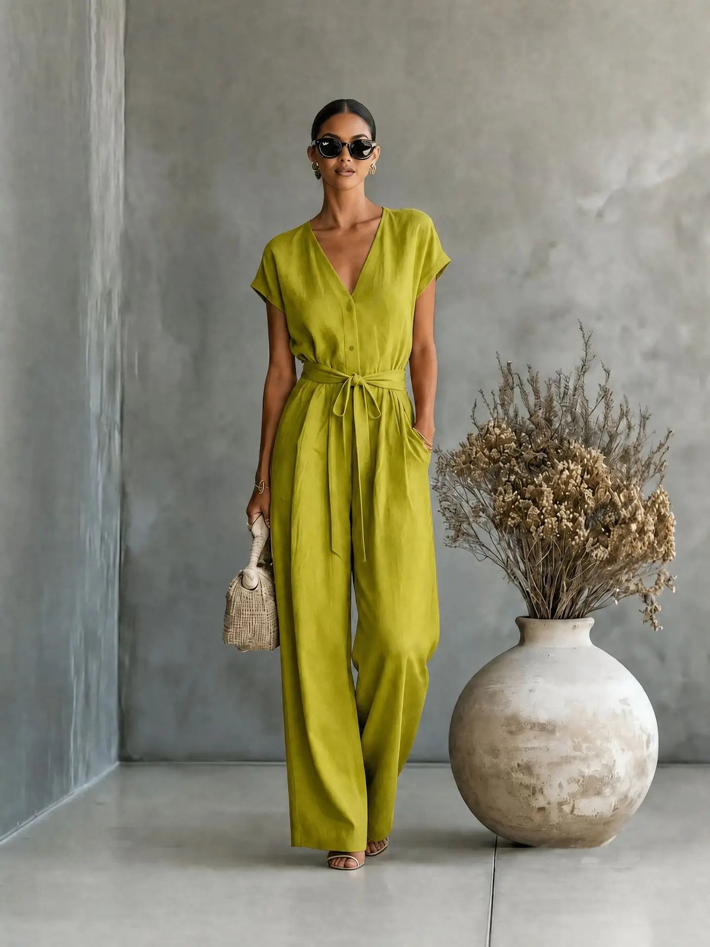Women's High-Waist Wide-Leg Linen Jumpsuit