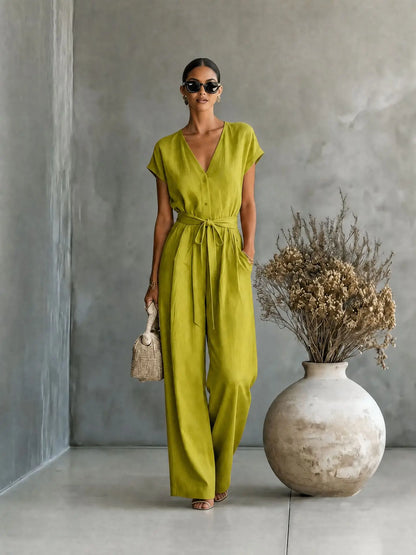 Women's High-Waist Wide-Leg Linen Jumpsuit