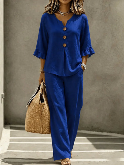 Ruffled Linen Look Two Piece Set