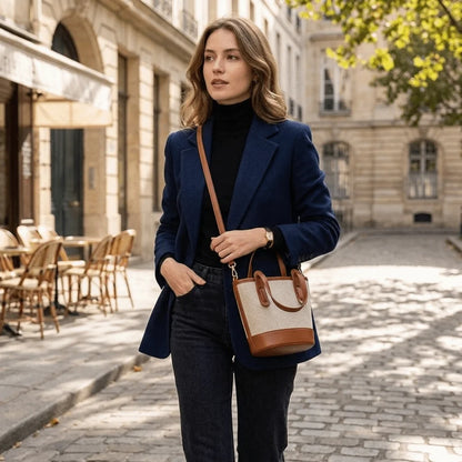 A woman stands on a cobblestone street wearing a navy blazer, black turtleneck, dark jeans, and carrying a cream and brown leather handbag.