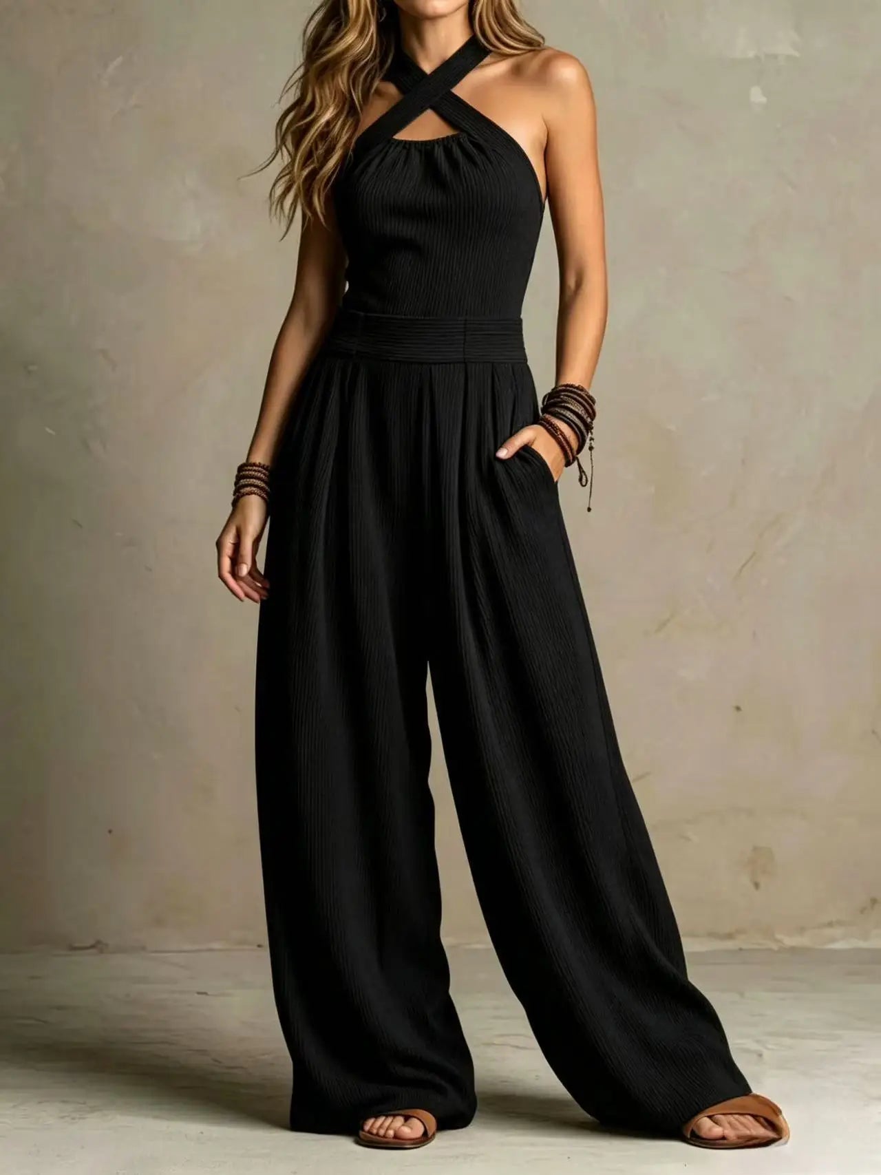 Halter Cross-Neck Wide Leg Jumpsuit