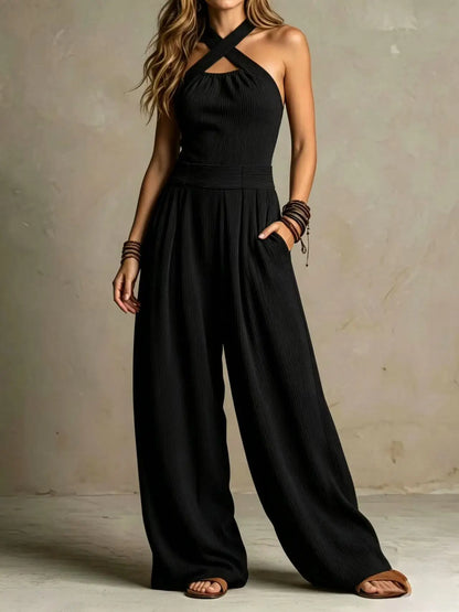 Halter Cross-Neck Wide Leg Jumpsuit
