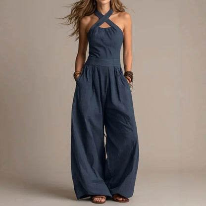 Halter Cross-Neck Wide Leg Jumpsuit