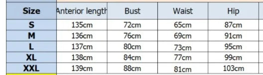Table displaying measurements for different sizes with columns for Anterior length, Bust, Waist, and Hip.
