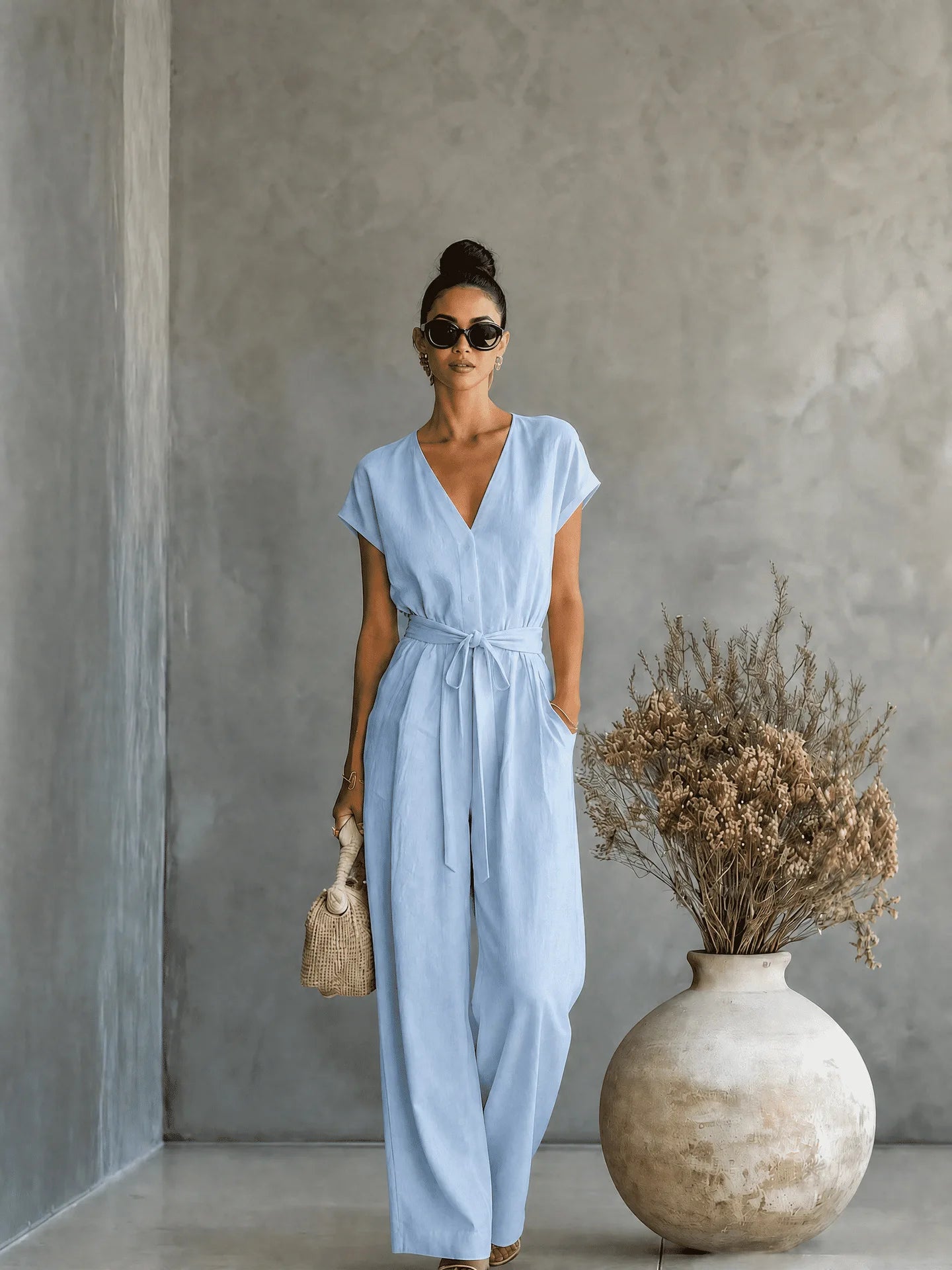 Women's High-Waist Wide-Leg Linen Jumpsuit
