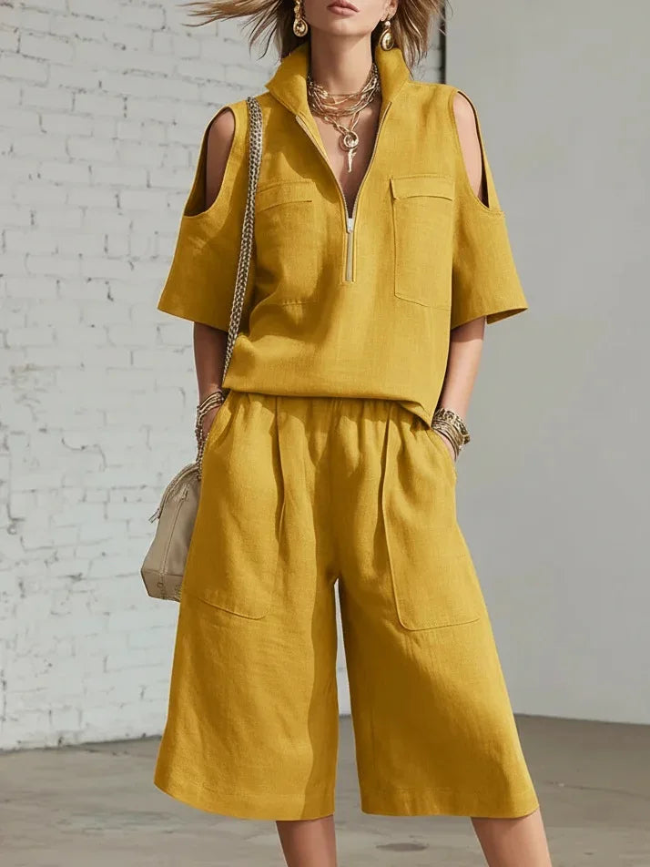 Cold Shoulder Zip Two-Piece Linen Set
