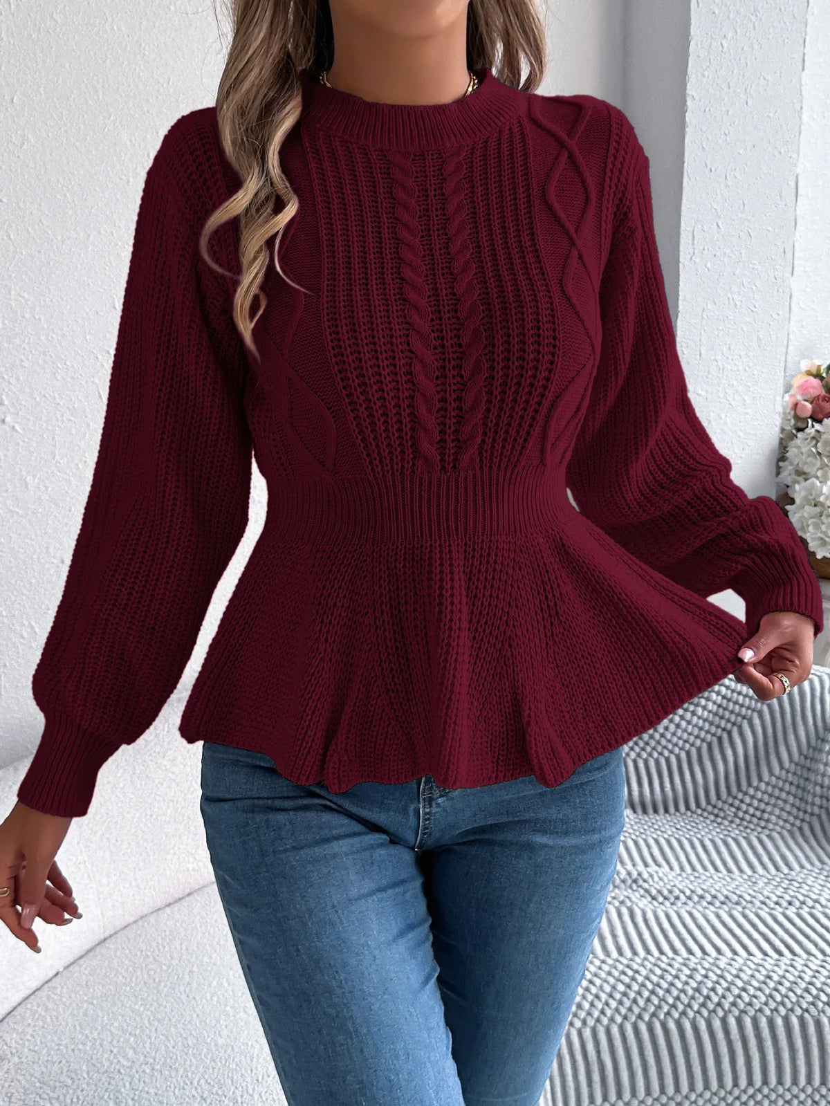 Chic Peplum Cable Knit Pullover Sweater