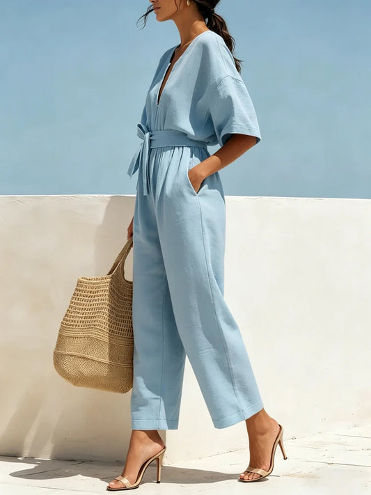 Boho Wide Leg Belted Jumpsuit with Pockets