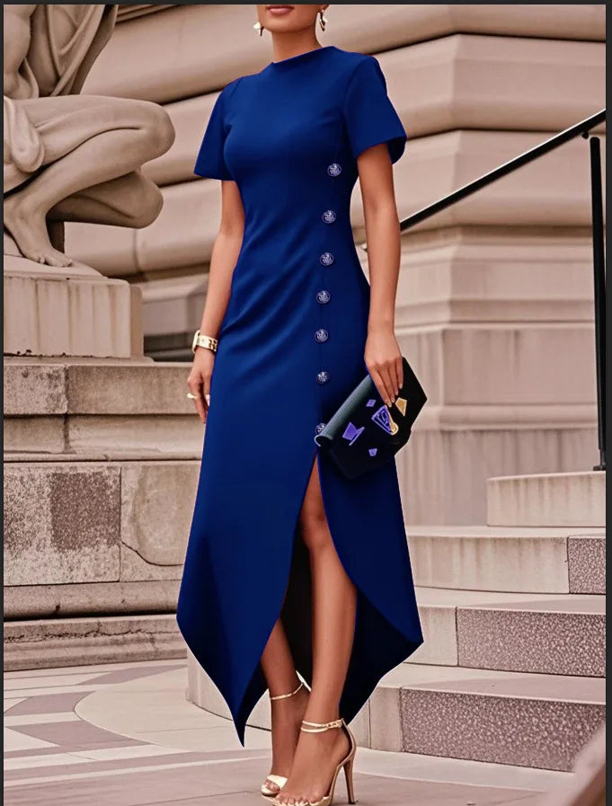 Royal blue asymmetric split hem dress with short sleeves, decorative side buttons, and a front slit, styled with gold heels and a black clutch.