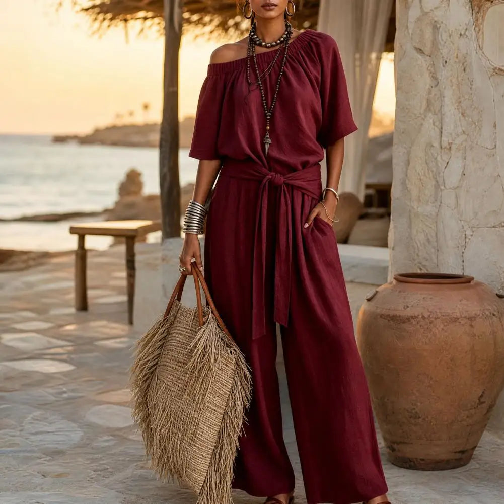 Off Shoulder Tie Waist Jumpsuit