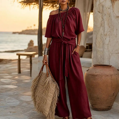 Off Shoulder Tie Waist Jumpsuit