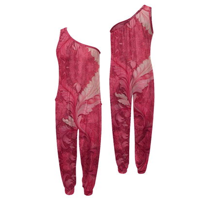 Red floral one-shoulder jumpsuit on a white background.