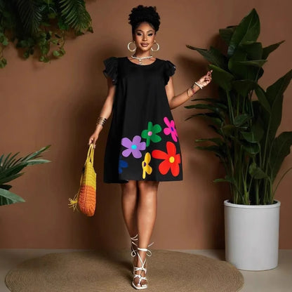 Vibrant Bloom Ruffle Sleeve Dress