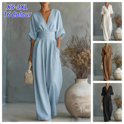 Deep V Wrap Wide Leg Jumpsuit