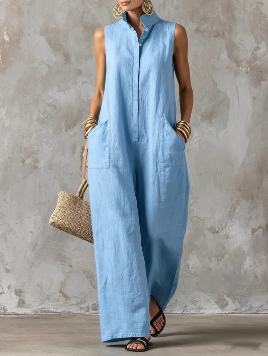 Sleeveless Collared Wide Leg Jumpsuit with Pockets