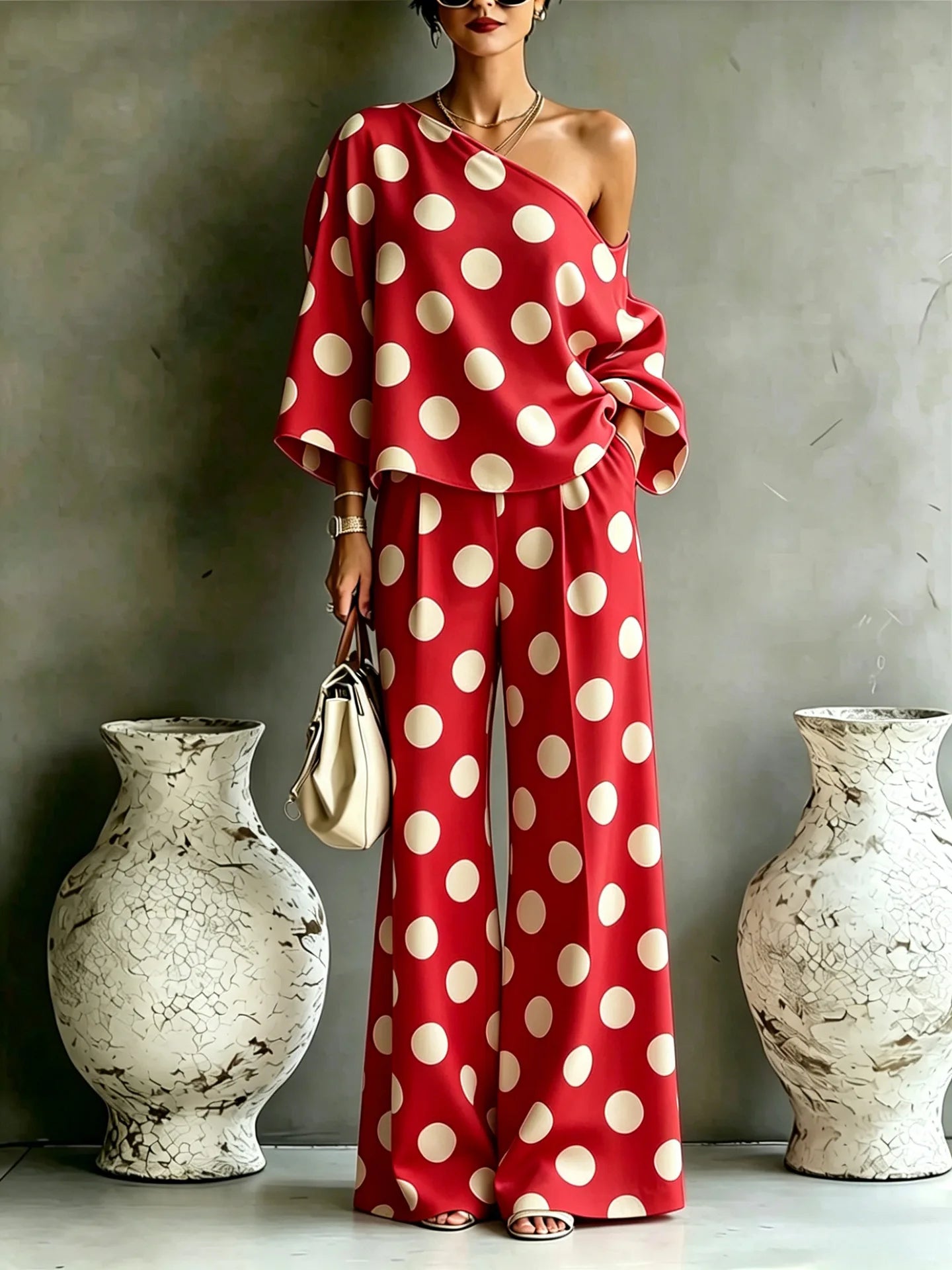 Polka Dot Off Shoulder Wide Leg Pant Set