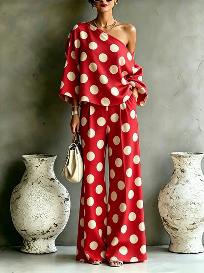 Polka Dot Off Shoulder Wide Leg Pant Set