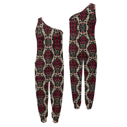 Patterned one-shoulder jumpsuit on a white background. 