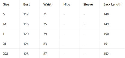 Table displaying clothing measurements for different sizes with columns for Bust, Waist, Hips, Sleeve, and Back Length.