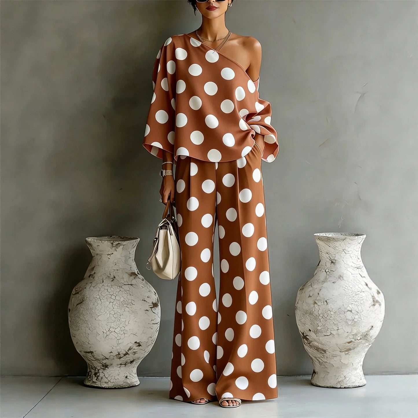 Polka Dot Off Shoulder Wide Leg Pant Set