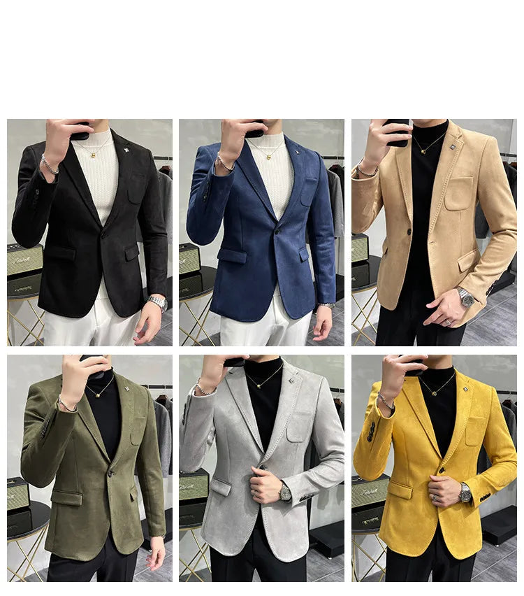 Collage of six men wearing different colored blazers in a showroom setting.