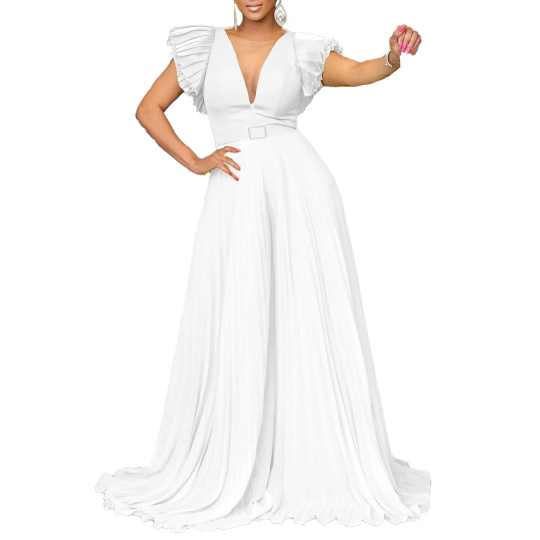 Pleated Flutter-Sleeve Wide Leg Jumpsuit