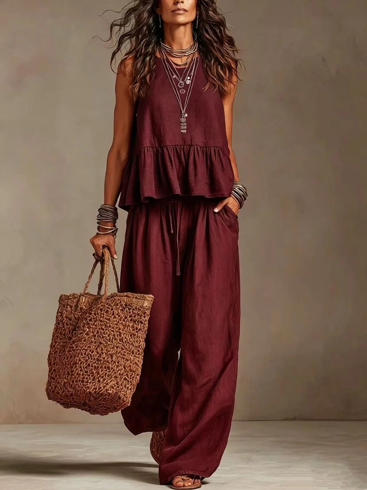 Women's Boho Linen Wide Leg Pant Set