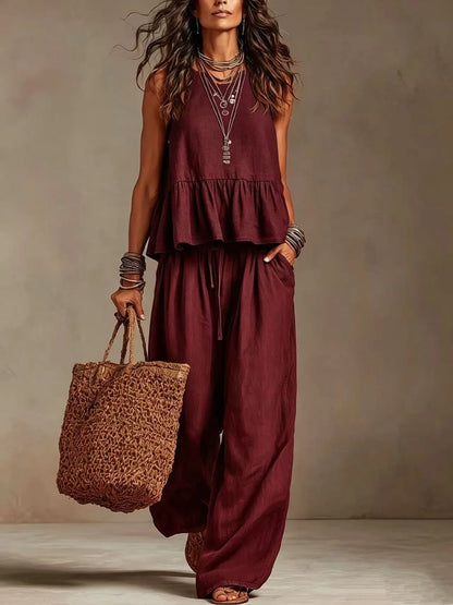 Women's Boho Linen Wide Leg Pant Set