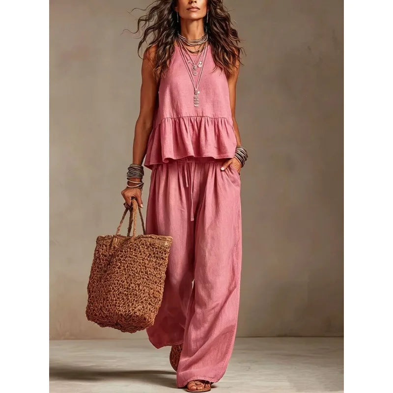 Women's Boho Linen Wide Leg Pant Set