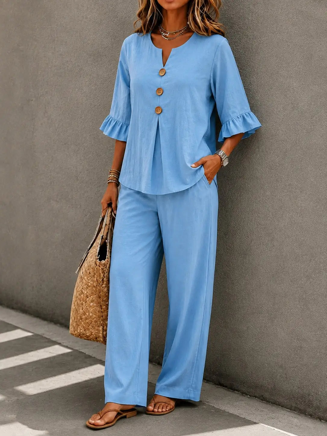 Ruffled Linen Look Two Piece Set