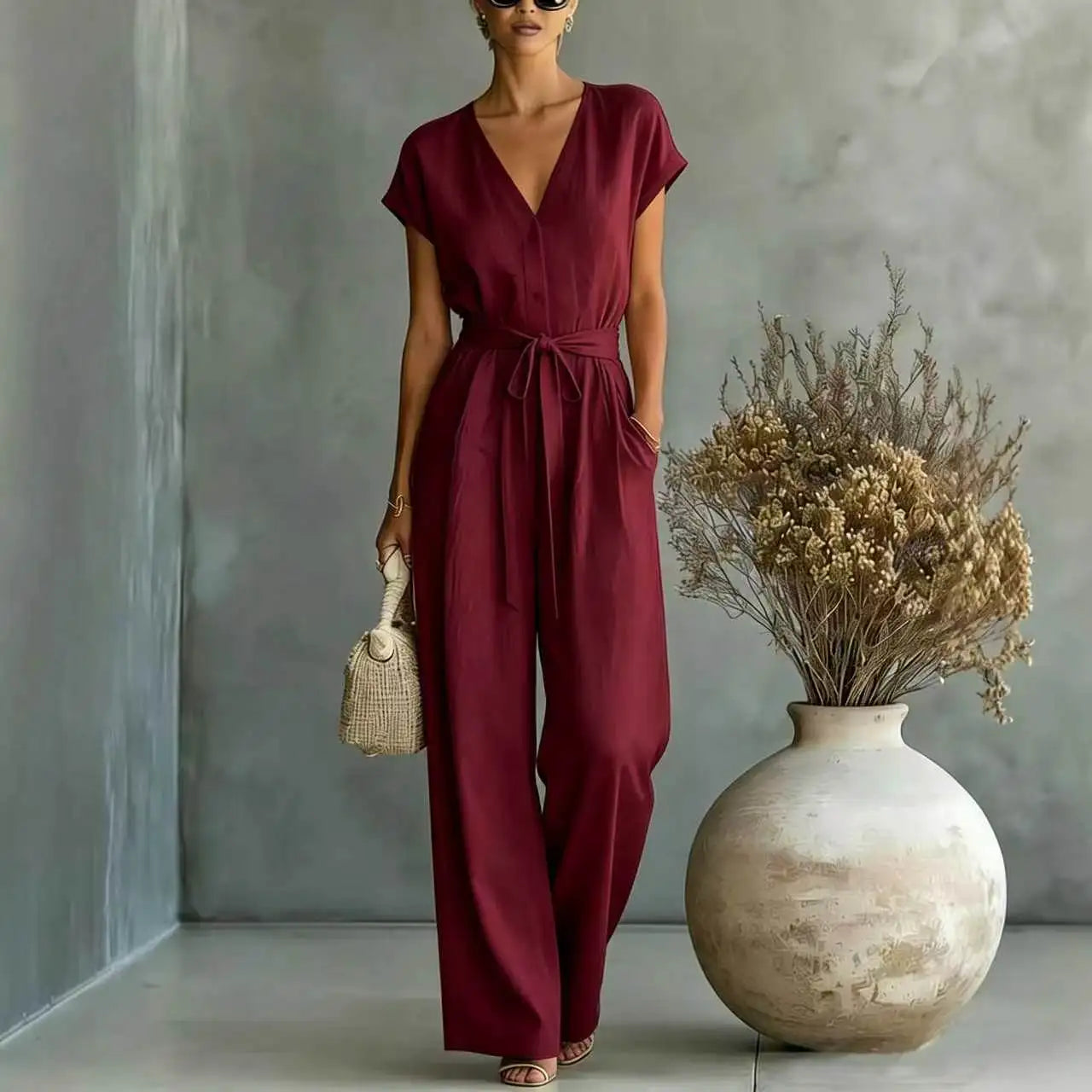 Women's High-Waist Wide-Leg Linen Jumpsuit