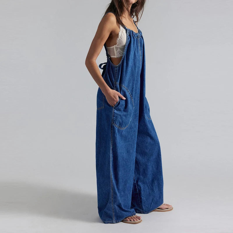 Wide-Leg Denim Overall Jumpsuit