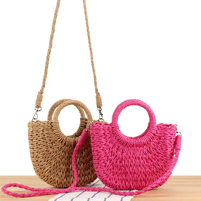 Handwoven Straw Half-Moon Bag