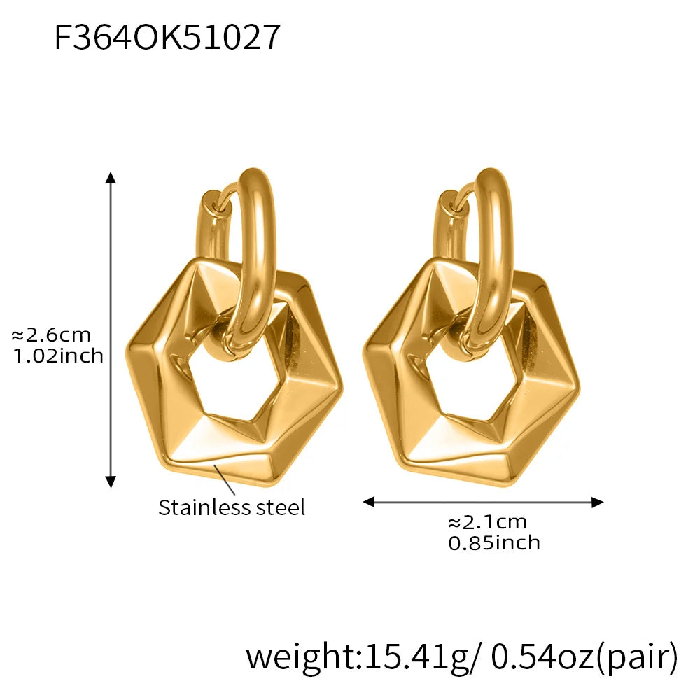 Gold hoop earrings with measurements and material details on a white background