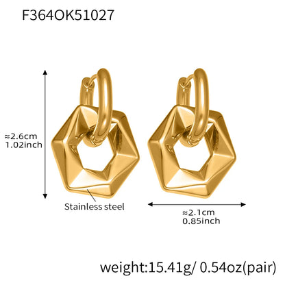 Gold hoop earrings with measurements and material details on a white background