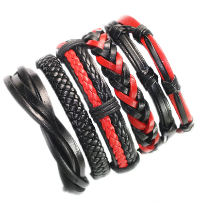 Black and red braided leather bracelets on a white background