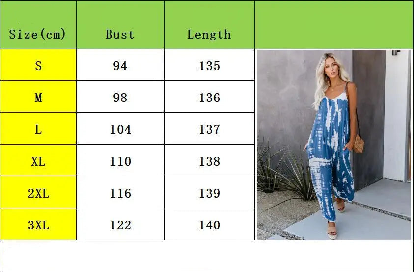 Table displaying dress size chart with measurements and a model wearing the dress.