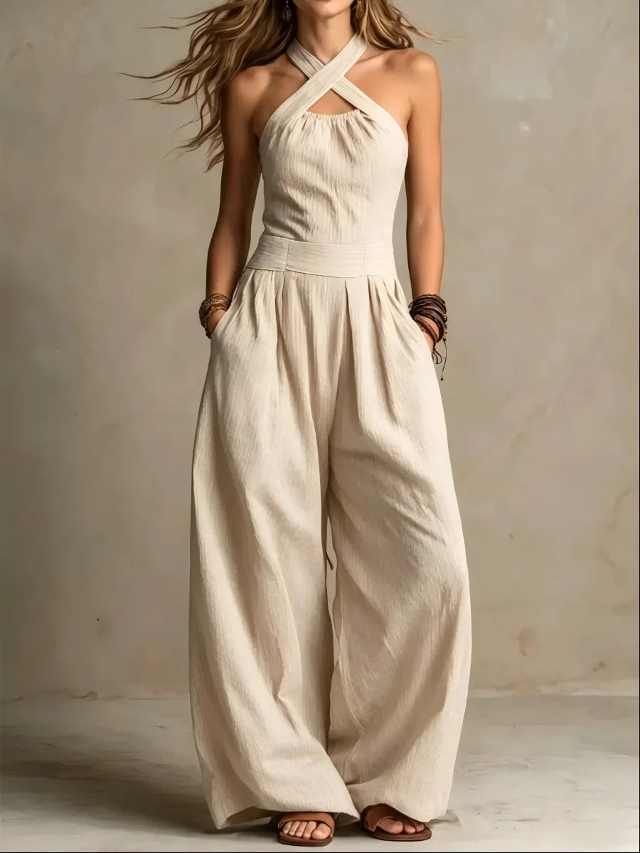 Halter Cross-Neck Wide Leg Jumpsuit