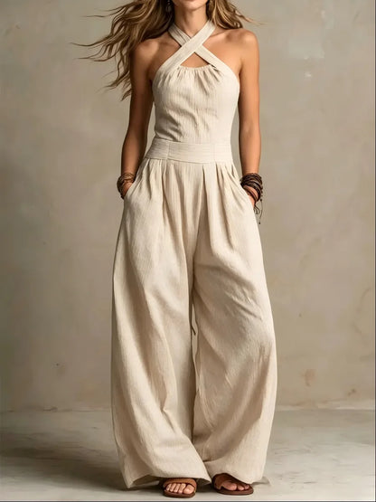 Halter Cross-Neck Wide Leg Jumpsuit