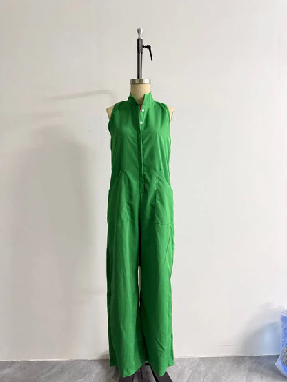 Sleeveless Collared Wide Leg Jumpsuit with Pockets
