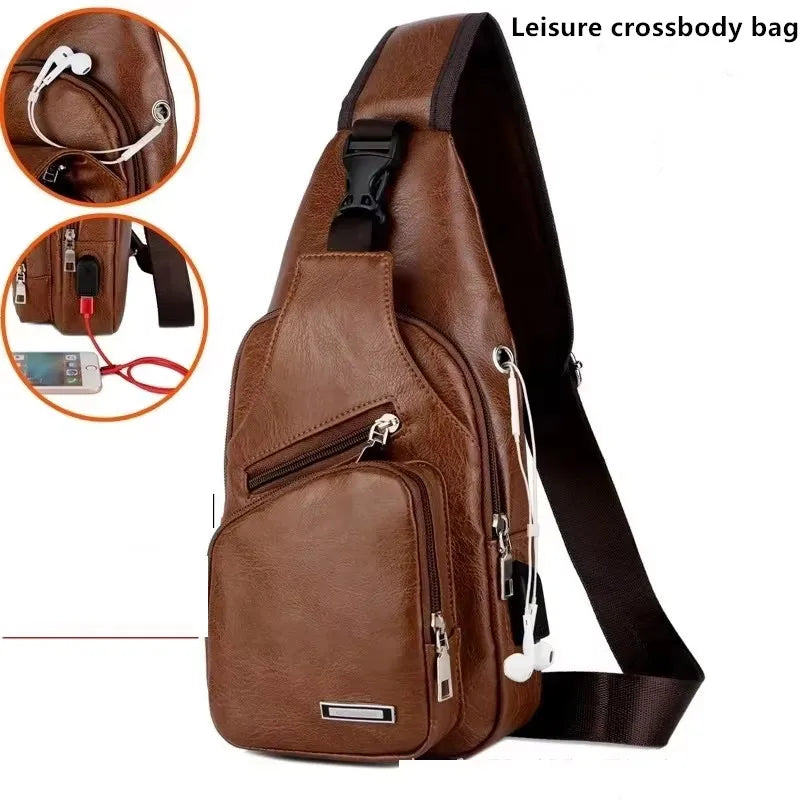 Brown leather crossbody bag with multiple pockets and a strap, on a white background.