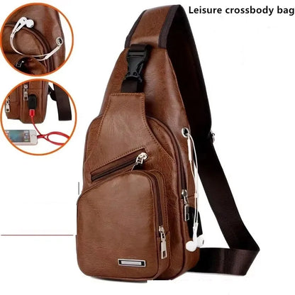 Brown leather crossbody bag with multiple pockets and a strap, on a white background.