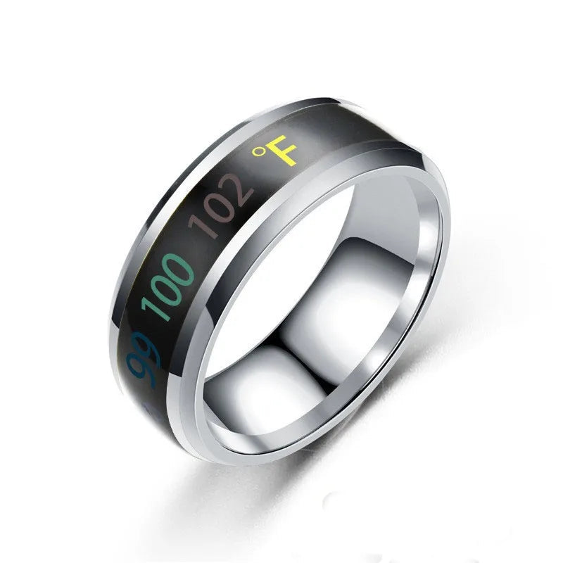Silver digital temperature ring with display on a white background