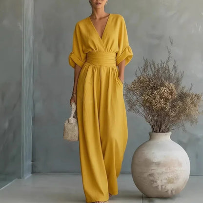 Deep V Wrap Wide Leg Jumpsuit