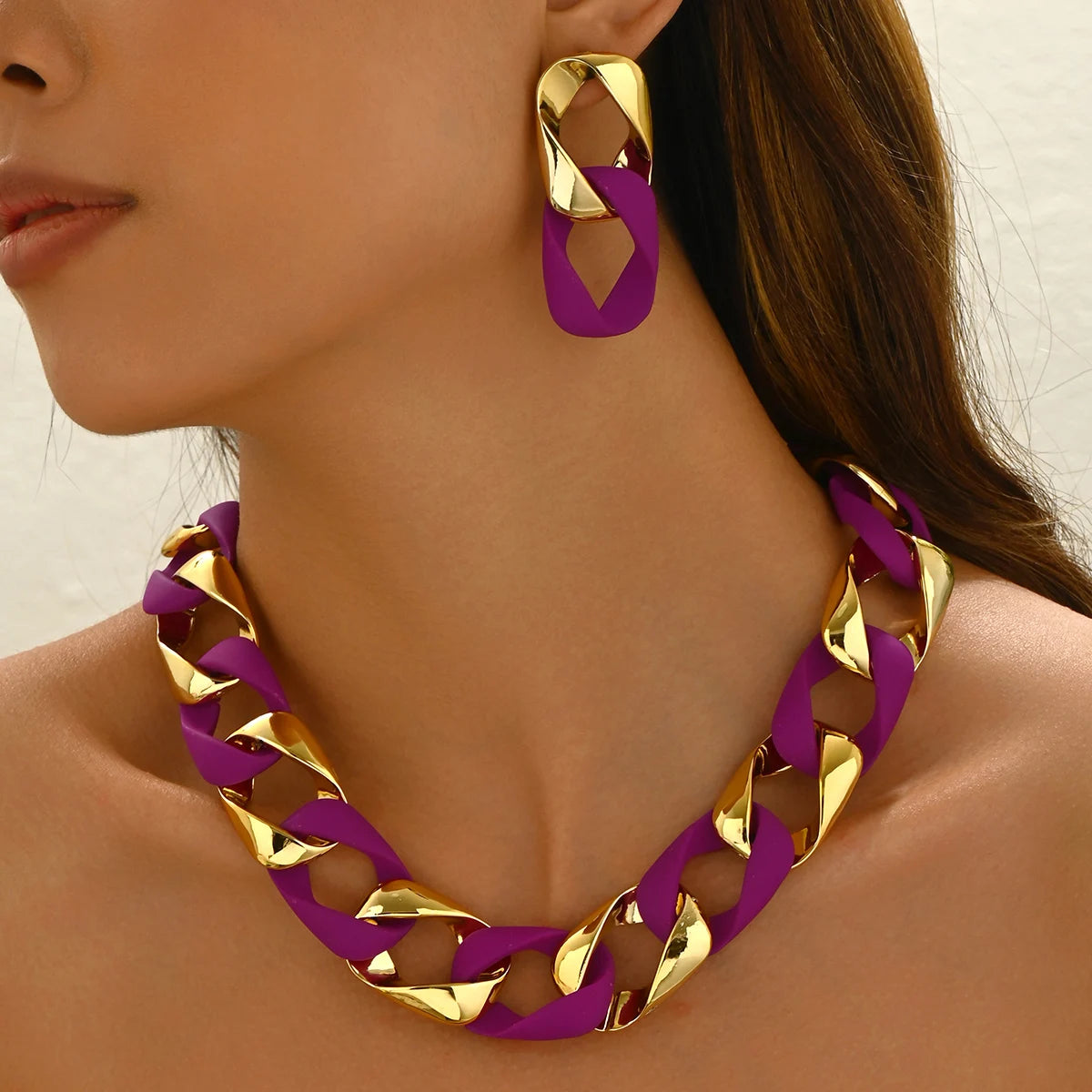 Chunky Dual-Texture Interlocking Link Chain Necklace & Earring Set