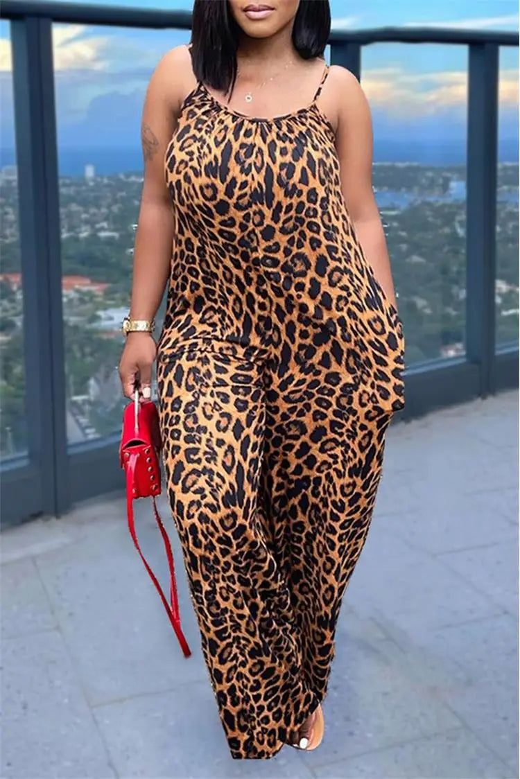 Leopard Print Spaghetti Strap Jumpsuit